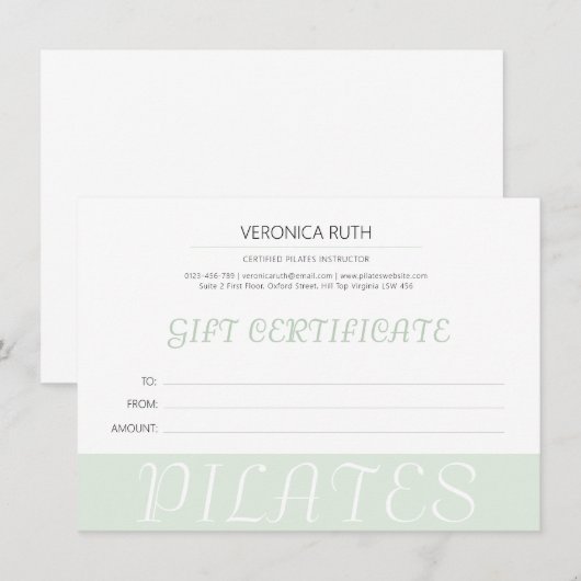 Minimalistische Mint Green Pilates Cadeaubon (Voorkant / Achterkant)