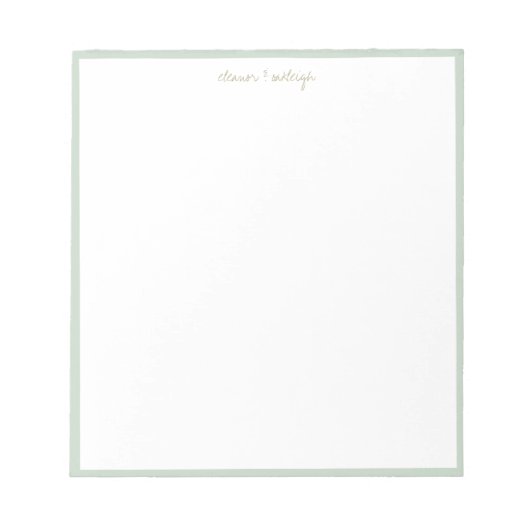 Minimalistische Mint Salie Rand Aangepaste Script Notitieblok (Voorkant)