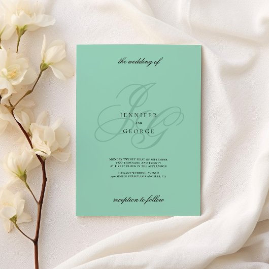 Minimalistische mintgroene monogram initiaal trouw kaart