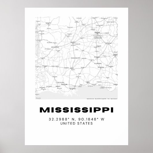 Minimalistische Mississippi Kaart Kunst - Zwart en Poster (Voorkant)