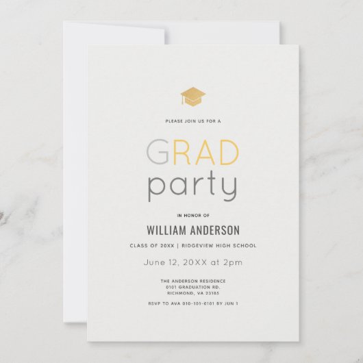 Minimalistische Modern Grijs Goud Graduation Party Kaart (Voorkant)