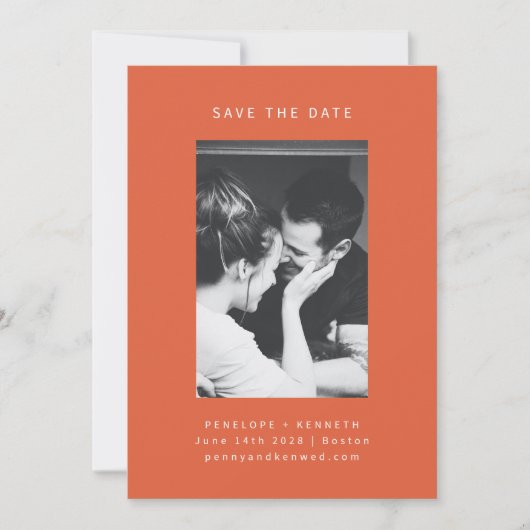 Minimalistische Modern Helder Sinaasappel Fotobrui Save The Date (Voorkant)