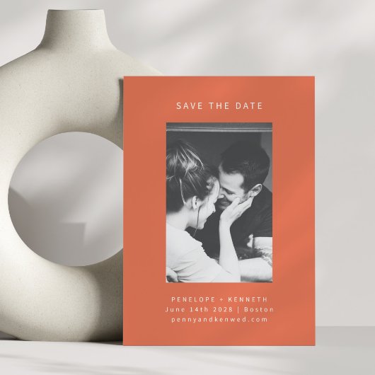 Minimalistische Modern Helder Sinaasappel Fotobrui Save The Date