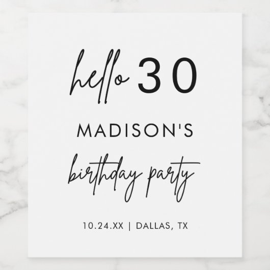 Minimalistische moderne 30e verjaardagsfeest favor wijn etiket (Enkel label)