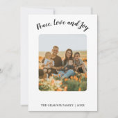 Minimalistische moderne 3Photo Peace Love Joy Nieu Feestdagenkaart (Voorkant)