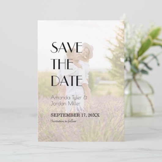Minimalistische moderne art deco bruiloft voorfoto save the date (Staand voorkant)