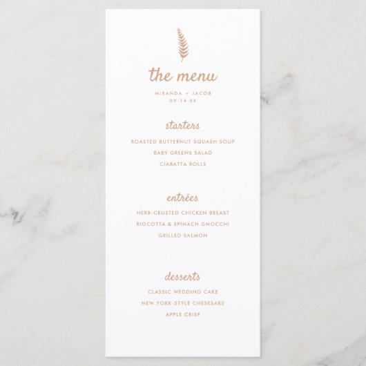 Minimalistische moderne Beige Palm Leaf bruiloft Menu (Voorkant)