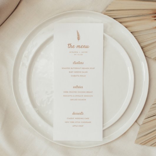 Minimalistische Moderne Beige Palmblad Bruiloft Menu