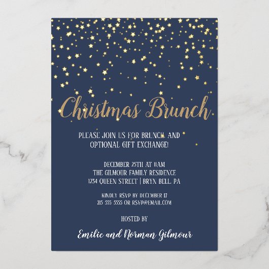 Minimalistische moderne blauwe kerst brunch goud folie uitnodiging (Voorkant)