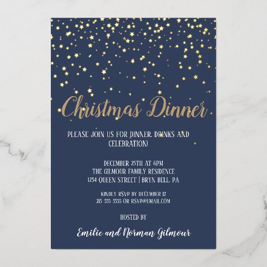 Minimalistische moderne blauwe kerstdiner goud folie uitnodiging (Voorkant)