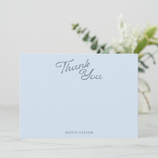Minimalistische moderne blauwe retro script baby s bedankkaart (Staand voorkant)