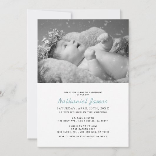 Minimalistische moderne blauwe strepen foto doop kaart (Voorkant)