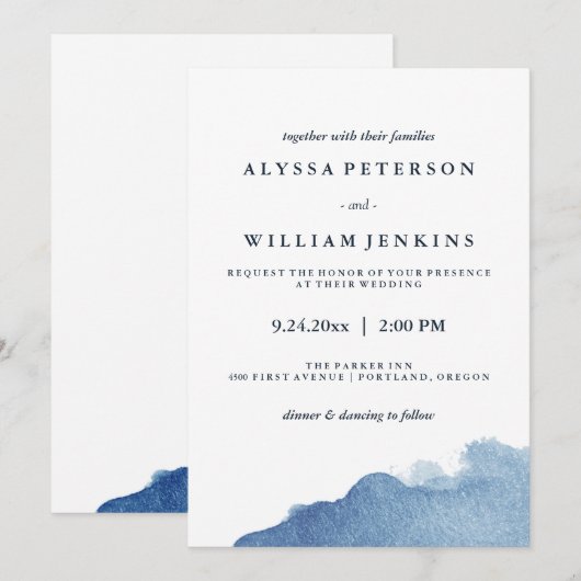 Minimalistische moderne blauwe Waterverf splash Kaart (Voorkant / Achterkant)