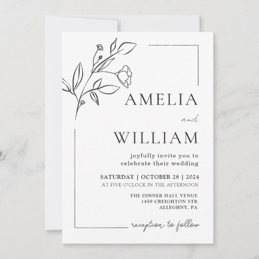 Minimalistische moderne bloemenbruiloft uitnodigin kaart (Voorkant)