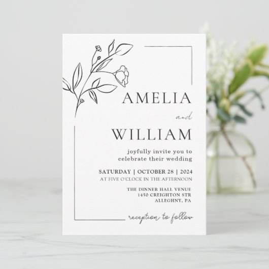 Minimalistische moderne bloemenbruiloft uitnodigin kaart (Staand voorkant)