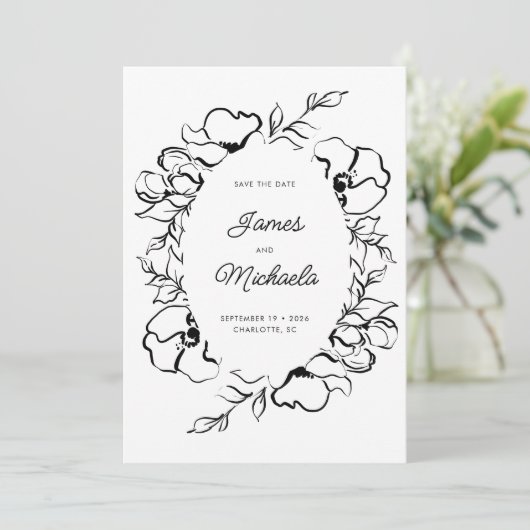 Minimalistische Moderne Bloemenschets Elegante Tro Save The Date (Staand voorkant)