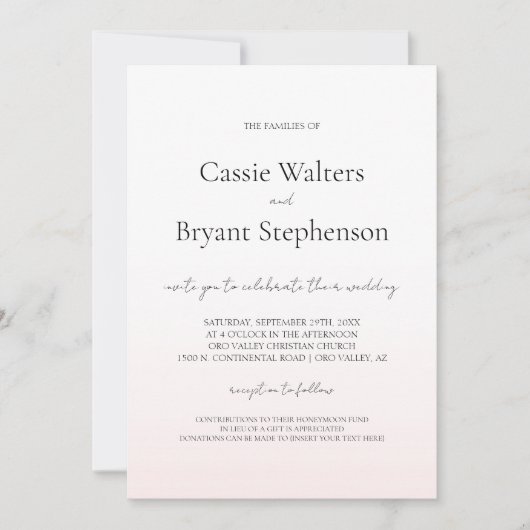 Minimalistische moderne blush roze fade chique bru kaart (Voorkant)