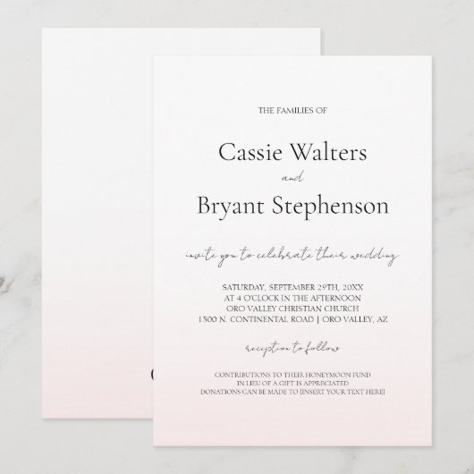 Minimalistische moderne blush roze fade chique bru kaart (Voorkant / Achterkant)