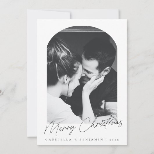 Minimalistische moderne boog twee foto kerstbrief feestdagenkaart (Voorkant)