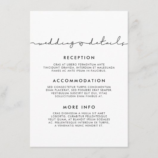 Minimalistische moderne bruiloft gast informatieka informatiekaartje (Voorkant)