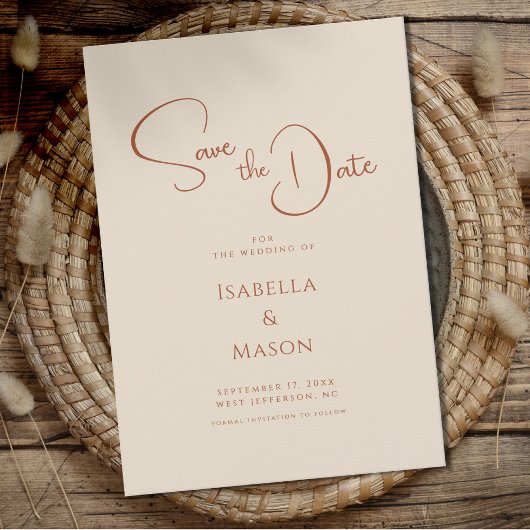 Minimalistische moderne bruiloft terracotta save the date