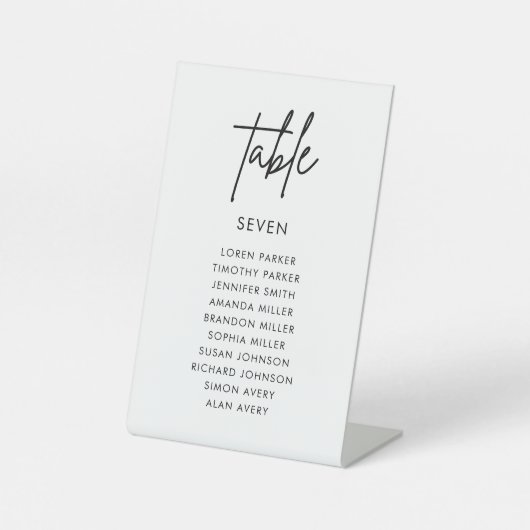 Minimalistische moderne bruiloft zitplaatsen kaart reclamebord met voetstuk (Voorkant)