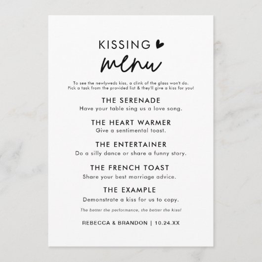 Minimalistische moderne bruiloft zoenen menu uitno kaart (Voorkant)