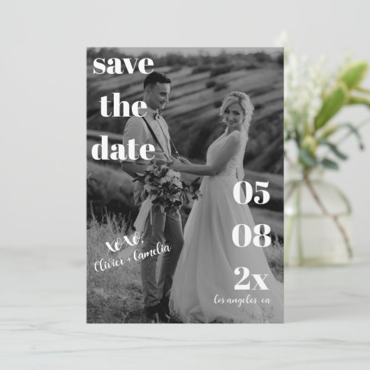 MINIMALISTISCHE MODERNE BRUILOFT ZWART-WIT SAVE THE DATE (Staand voorkant)