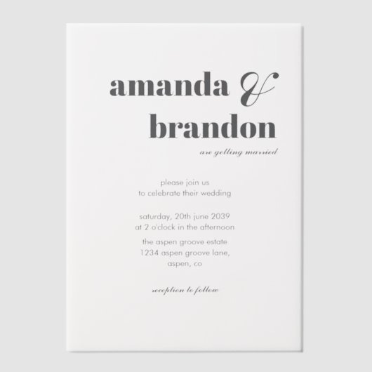 Minimalistische, moderne bruiloftsbruiloft vellum uitnodigingen (Voorkant)