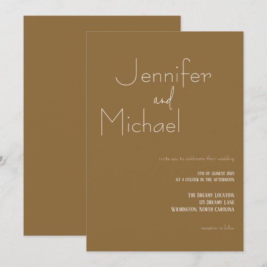 Minimalistische moderne bruine huwelijksuitnodigin kaart (Voorkant / Achterkant)