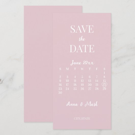 Minimalistische Moderne Champagnetroze Kalender Save The Date (Voorkant / Achterkant)