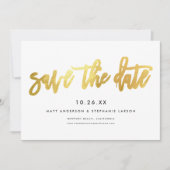 Minimalistische Moderne Chic Script Wit + Goud  Save The Date (Voorkant)