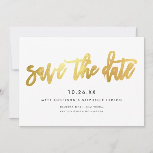 Minimalistische Moderne Chic Script Wit + Goud  Save The Date (Voorkant)
