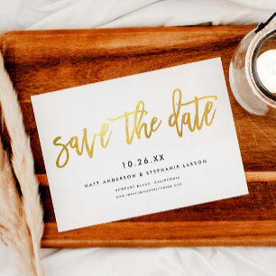 Minimalistische moderne chic script wit + goud save the date