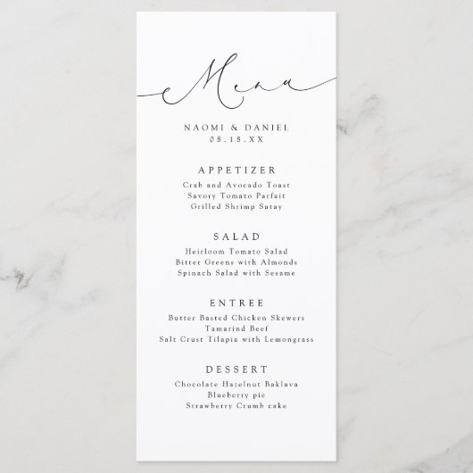 Minimalistische moderne chique script elegante bru menu (Voorkant)