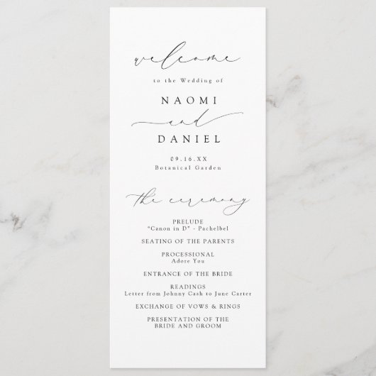 Minimalistische moderne chique script elegante bru programmakaart (Voorkant)