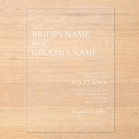 Minimalistische moderne eenvoudige bruiloft duidel acryl uitnodigingen (Voorkant)