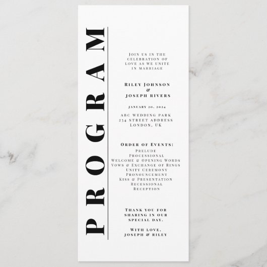 Minimalistische moderne eenvoudige huwelijksprogra programmakaart (Voorkant)
