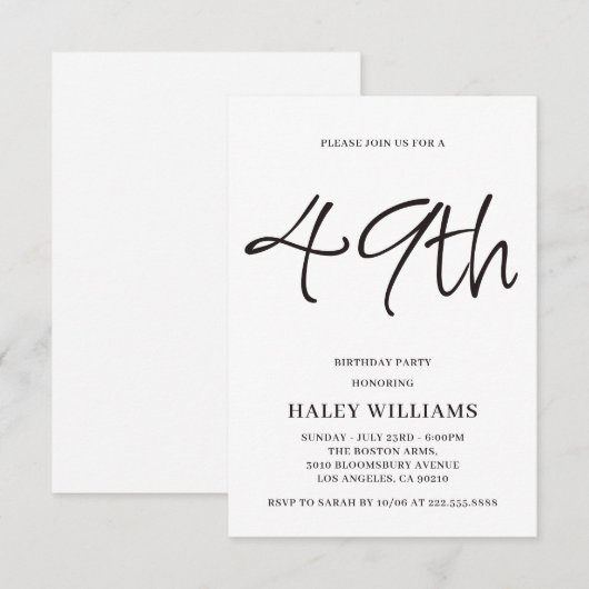 Minimalistische moderne eenvoudige kalligrafie 49e kaart (Voorkant / Achterkant)