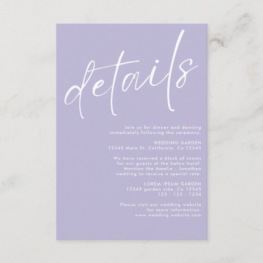 Minimalistische moderne eenvoudige Lavendel bruilo Informatiekaartje (Voorkant)