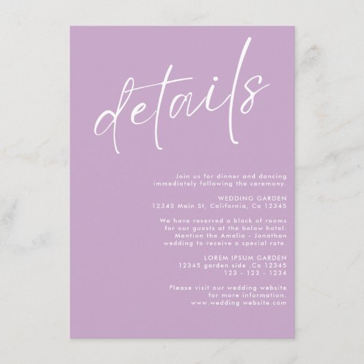 Minimalistische moderne eenvoudige Lavendel bruilo Informatiekaartje (Voorkant)