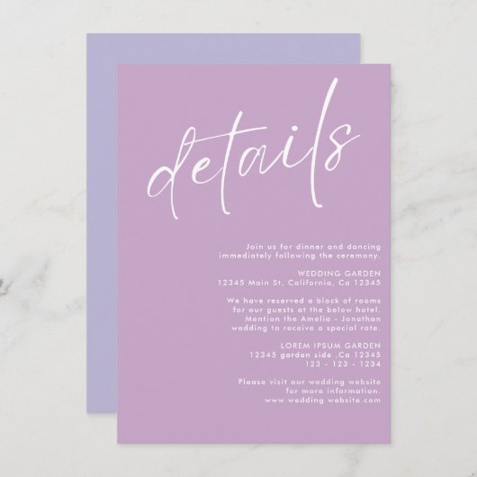 Minimalistische moderne eenvoudige Lavendel bruilo Informatiekaartje (Voorkant / Achterkant)