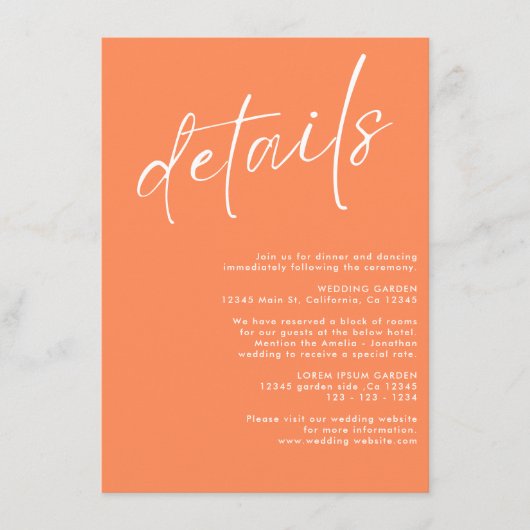 Minimalistische moderne eenvoudige oranje bruiloft informatiekaartje (Voorkant)