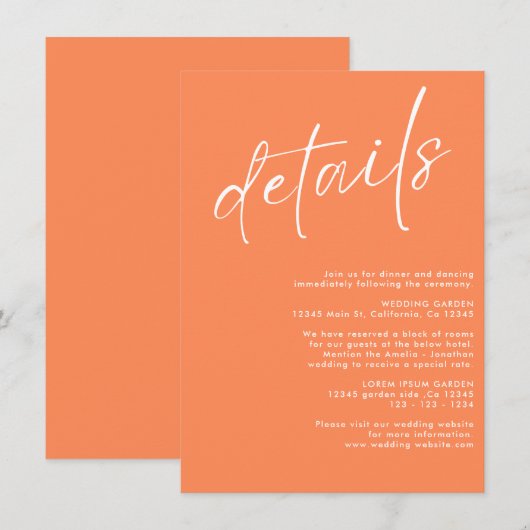 Minimalistische moderne eenvoudige oranje bruiloft informatiekaartje (Voorkant / Achterkant)