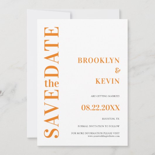 Minimalistische moderne eenvoudige Oranje bruiloft Save The Date (Voorkant)