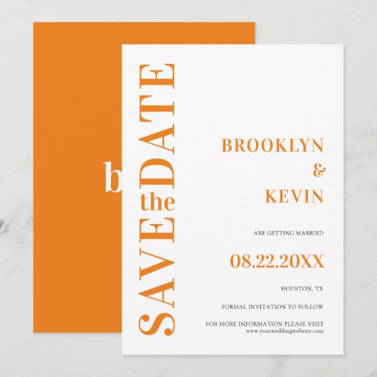 Minimalistische moderne eenvoudige Oranje bruiloft Save The Date (Voorkant / Achterkant)
