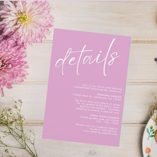 Minimalistische moderne eenvoudige roze bruiloft d informatiekaartje