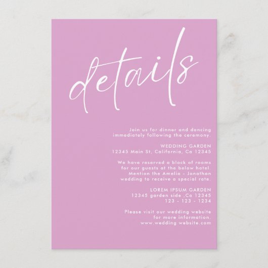 Minimalistische moderne eenvoudige roze bruiloft d informatiekaartje (Voorkant)