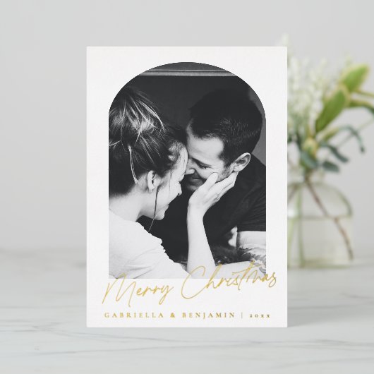 Minimalistische moderne elegante boog foto kerst folie feestdagenkaart (Staand Voorkant)