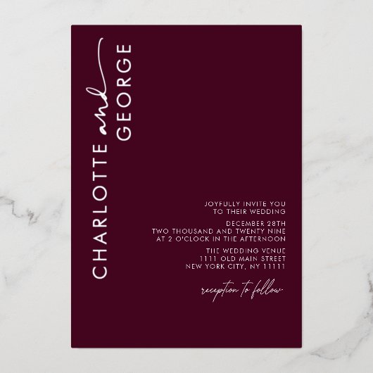 Minimalistische moderne elegante Bourgondische zil Folie Uitnodiging (Voorkant)